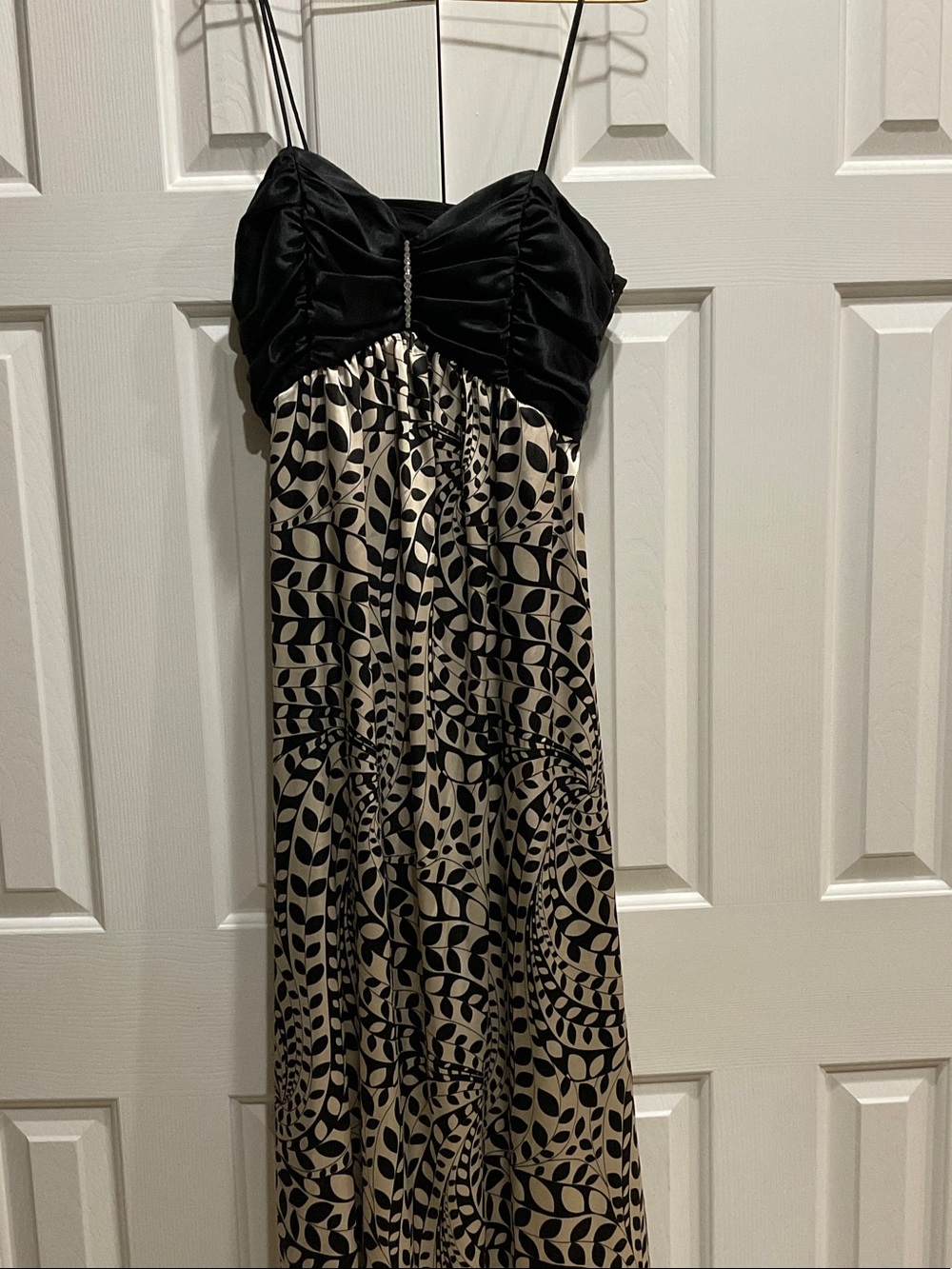 Strapless Black & Cream Printed Maxi Dress with Ruched Bodice